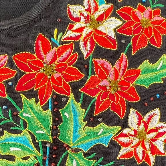 Vntg‎ Quacker Factory Black Poinsettia Christmas Sweater Small Embroidery Beaded - Picture 5 of 9